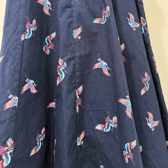 eShakti Navy Bird Print Cotton Poplin Surplice Dress - Picture 4 of 4